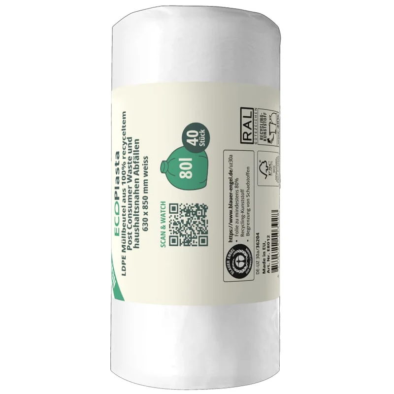 ECOPlasta Müllbeutel 60-80 L, weiß, 14 my