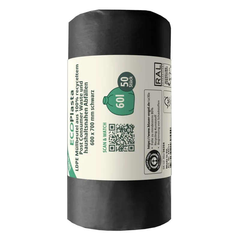 ECOPlasta Müllbeutel 60 L, schwarz, 14 my